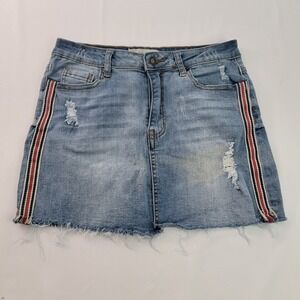 Angel Kiss Womens Blue Distressed Raw Hem Denim Jeans Mini Skirt Size Large stri